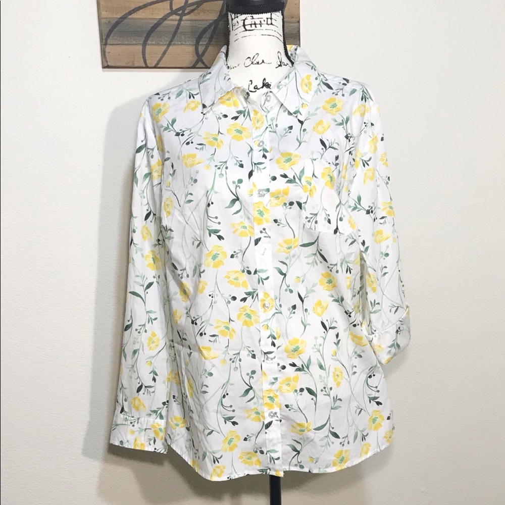 Karen Scott Floral Buttercup Button Down Shirt Lg